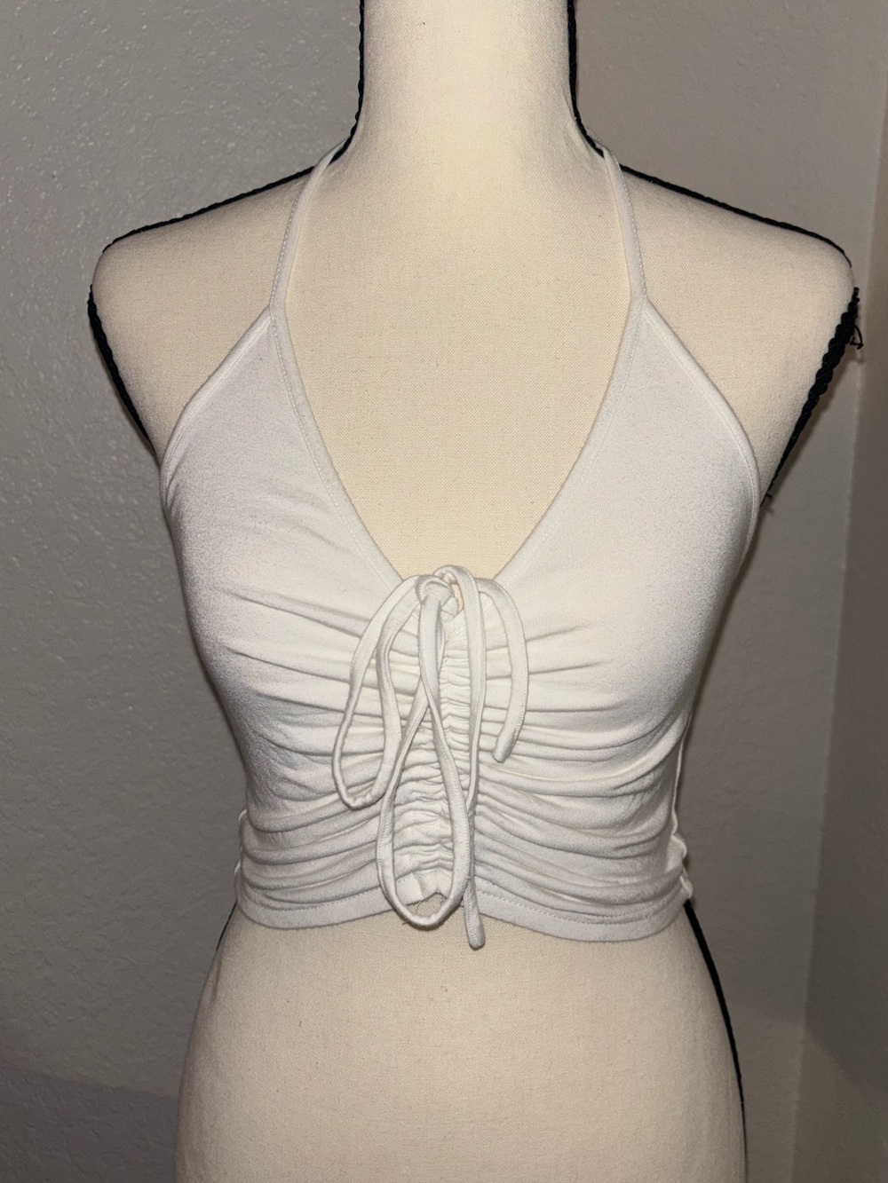 I.AM.GIA White Halter Ruched Tie-Front Crop Top